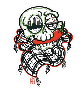 Birria Bros collab logo — a skull wrapped in a plaid scarf biting a chili pepper