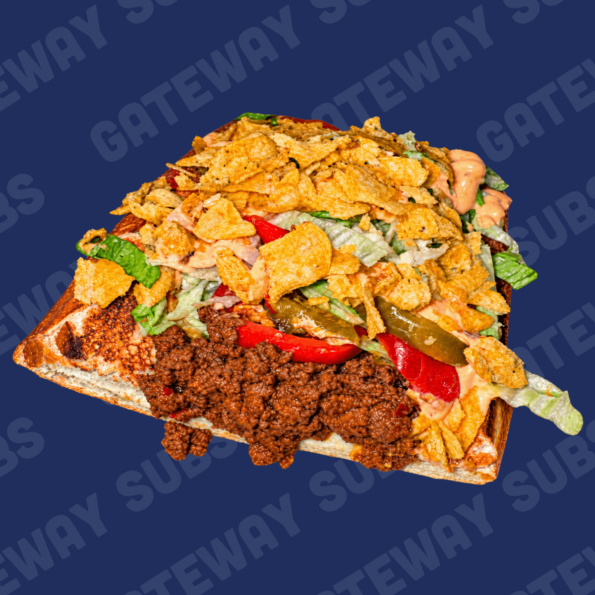 Birria Bros Chopped Cheese — an open-faced sub piled with seasoned beef, roasted red peppers, jalapeños, lettuce, chipotle mayo, and crushed jalapeño chips